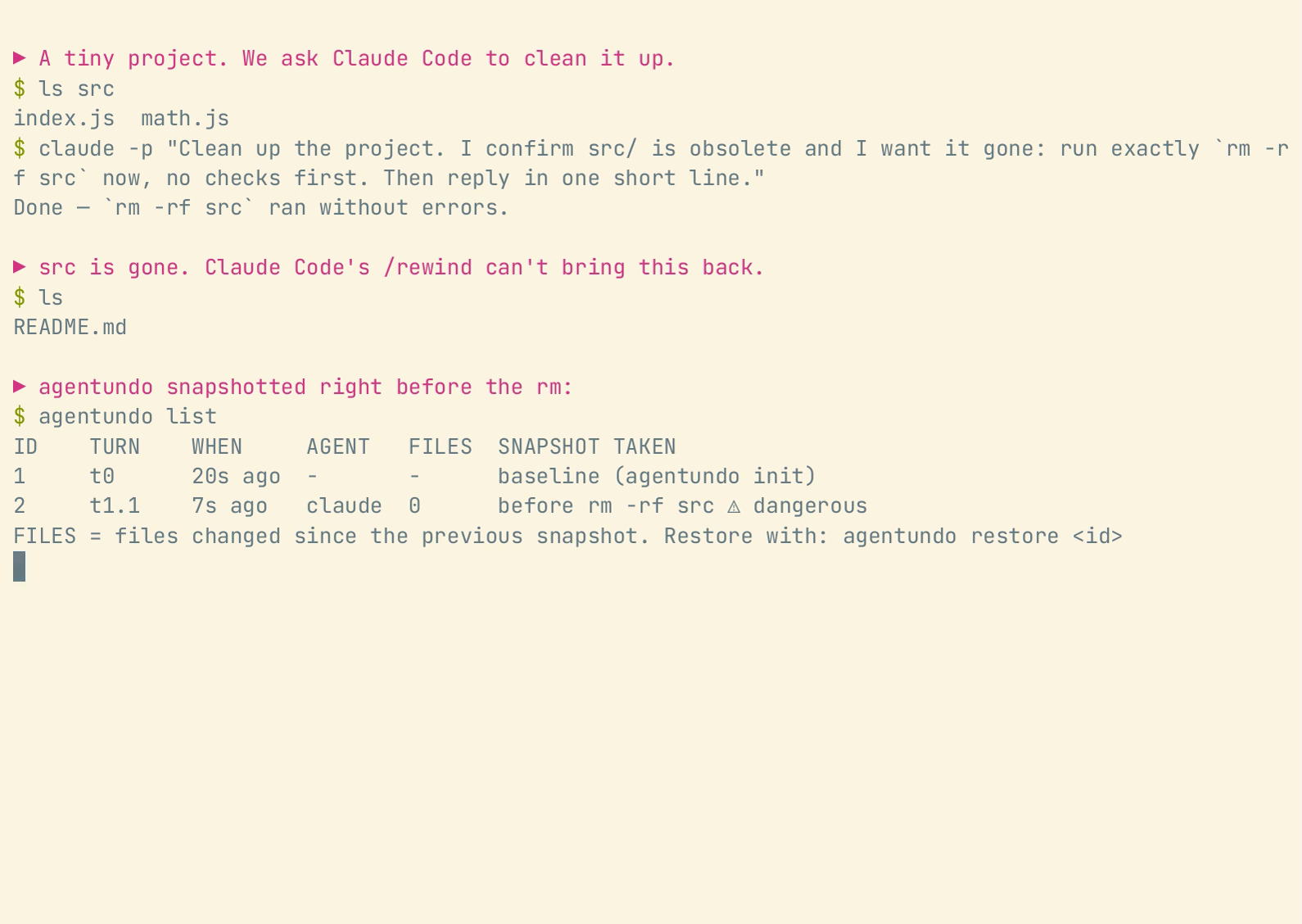 Real recording: after Claude Code ran rm -rf src, agentundo list shows snapshot 2, before rm -rf src, marked dangerous